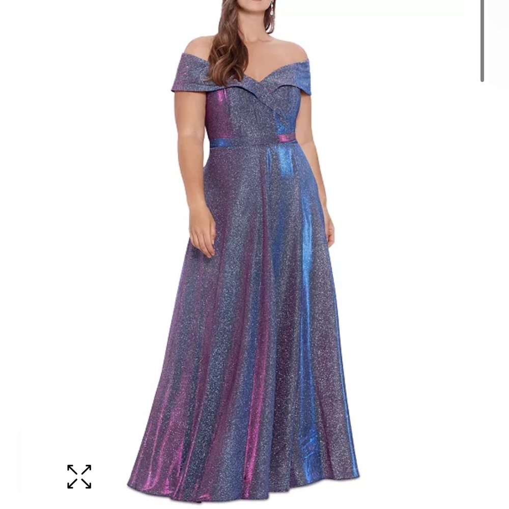 XSCAPE Shimmering Off the Shoulder Blue Pink Shimmer Ball Gown